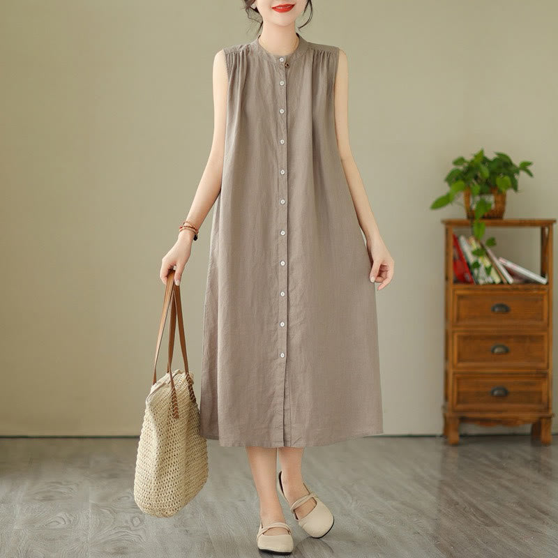 Vestido midi de lino y algodón sin mangas, con diseño plisado, de botonadura sencilla y sencillo de Buddha Stones - image 8