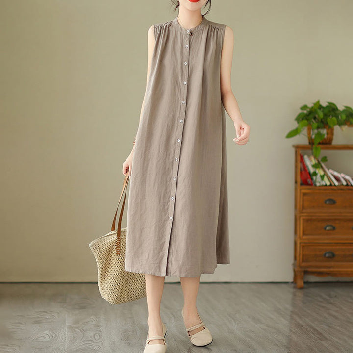 Vestido midi de lino y algodón sin mangas, con diseño plisado, de botonadura sencilla y sencillo de Buddha Stones - image 9