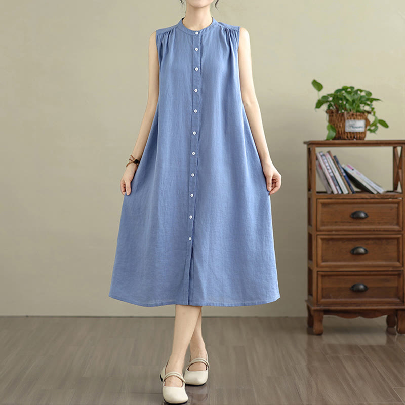 Vestido midi de lino y algodón sin mangas, con diseño plisado, de botonadura sencilla y sencillo de Buddha Stones - image 22