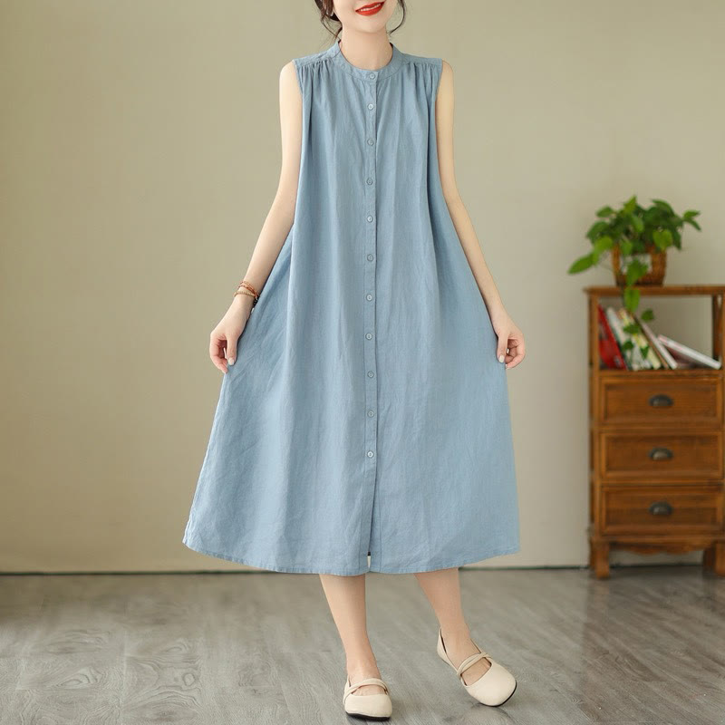 Vestido midi de lino y algodón sin mangas, con diseño plisado, de botonadura sencilla y sencillo de Buddha Stones