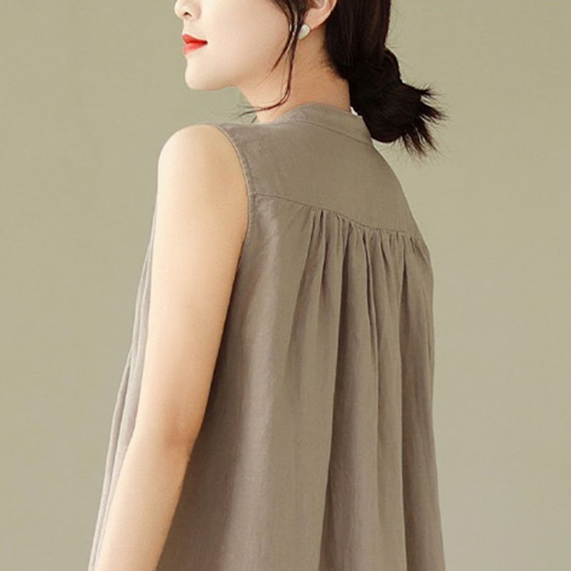 Vestido midi de lino y algodón sin mangas, con diseño plisado, de botonadura sencilla y sencillo de Buddha Stones - image 10