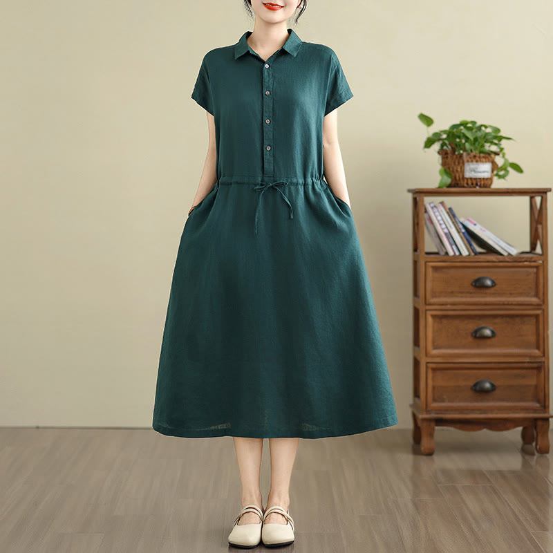 Vestido midi de lino y algodón con bolsillos y manga corta de verano con estampado de Buddha Stones - image 7