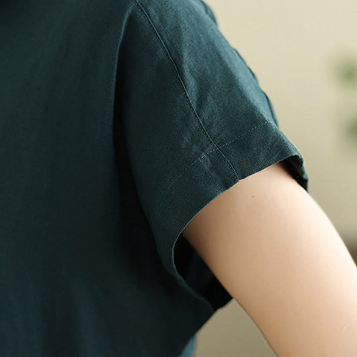 Vestido midi de lino y algodón con bolsillos y manga corta de verano con estampado de Buddha Stones - image 13