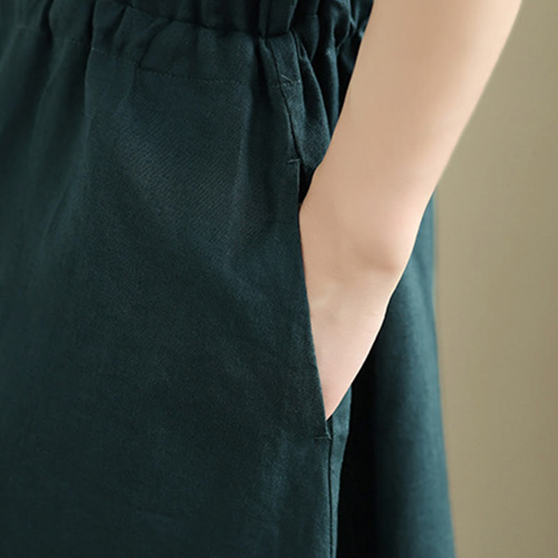 Vestido midi de lino y algodón con bolsillos y manga corta de verano con estampado de Buddha Stones - image 14