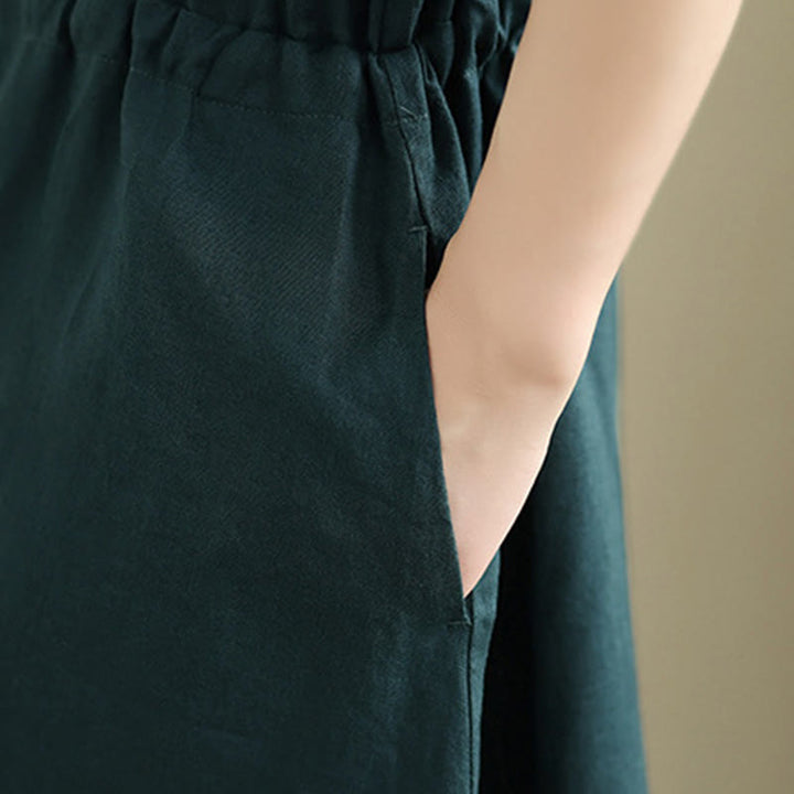 Vestido midi de lino y algodón con bolsillos y manga corta de verano con estampado de Buddha Stones - image 14