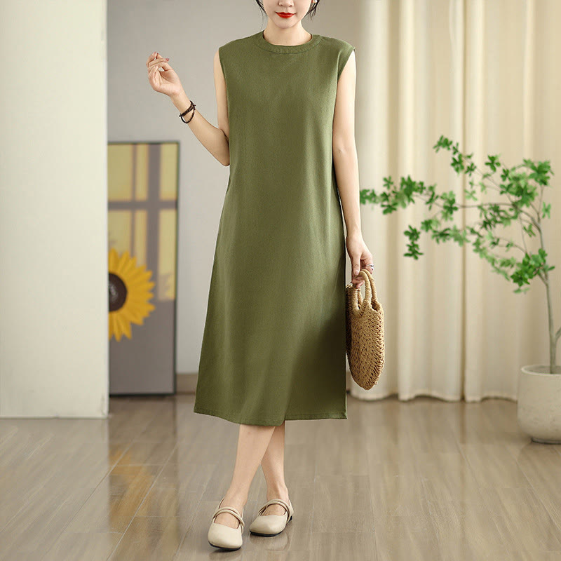 Vestido midi informal de lino y algodón sin mangas con diseño de Buddha Stones , color liso, con botones en la espalda y bolsillos - Verde oliva - US8-10，UK/AU12-14，EU40-42 (2XL) - image 0