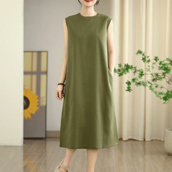 Vestido midi informal de lino y algodón sin mangas con diseño de Buddha Stones , color liso, con botones en la espalda y bolsillos - image 3