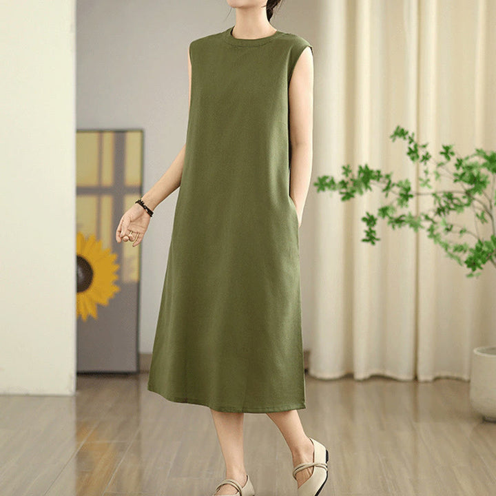 Vestido midi informal de lino y algodón sin mangas con diseño de Buddha Stones , color liso, con botones en la espalda y bolsillos - image 1
