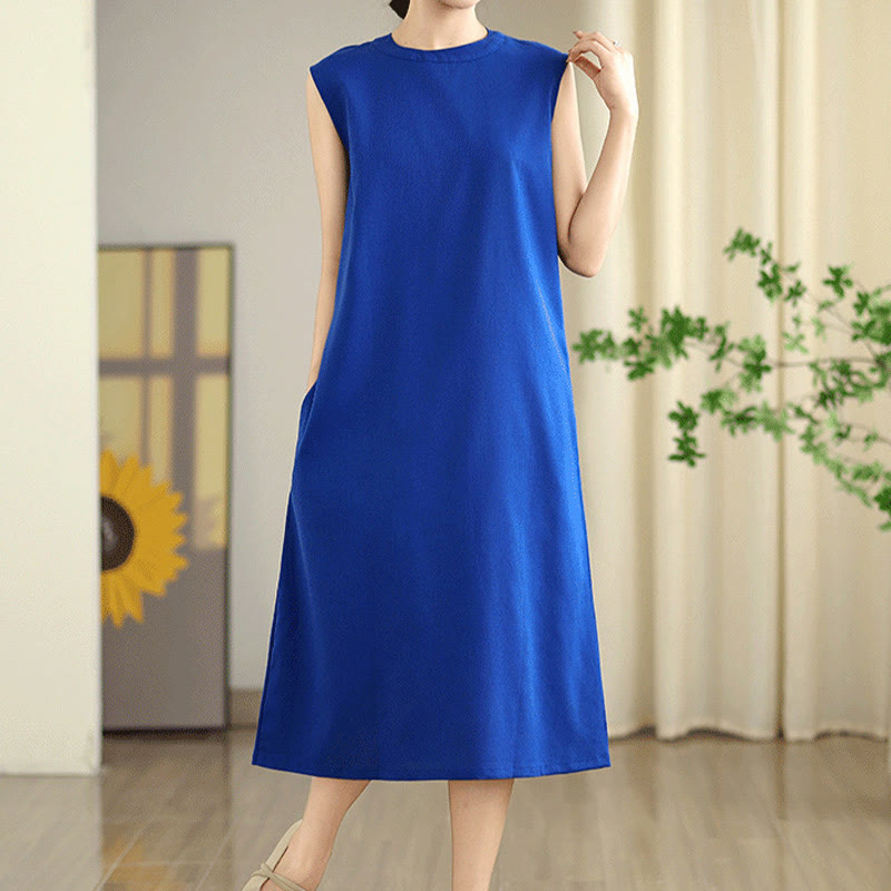 Vestido midi informal de lino y algodón sin mangas con diseño de Buddha Stones , color liso, con botones en la espalda y bolsillos - image 14