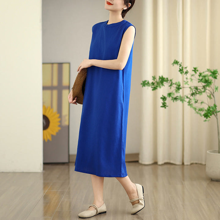 Vestido midi informal de lino y algodón sin mangas con diseño de Buddha Stones , color liso, con botones en la espalda y bolsillos - image 12