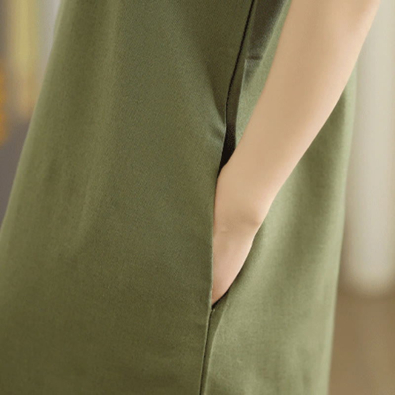 Vestido midi informal de lino y algodón sin mangas con diseño de Buddha Stones , color liso, con botones en la espalda y bolsillos - image 8