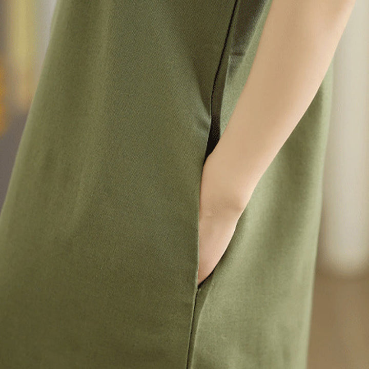 Vestido midi informal de lino y algodón sin mangas con diseño de Buddha Stones , color liso, con botones en la espalda y bolsillos - image 8