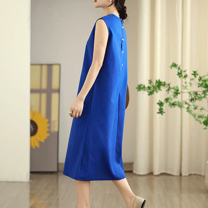 Vestido midi informal de lino y algodón sin mangas con diseño de Buddha Stones , color liso, con botones en la espalda y bolsillos - image 13