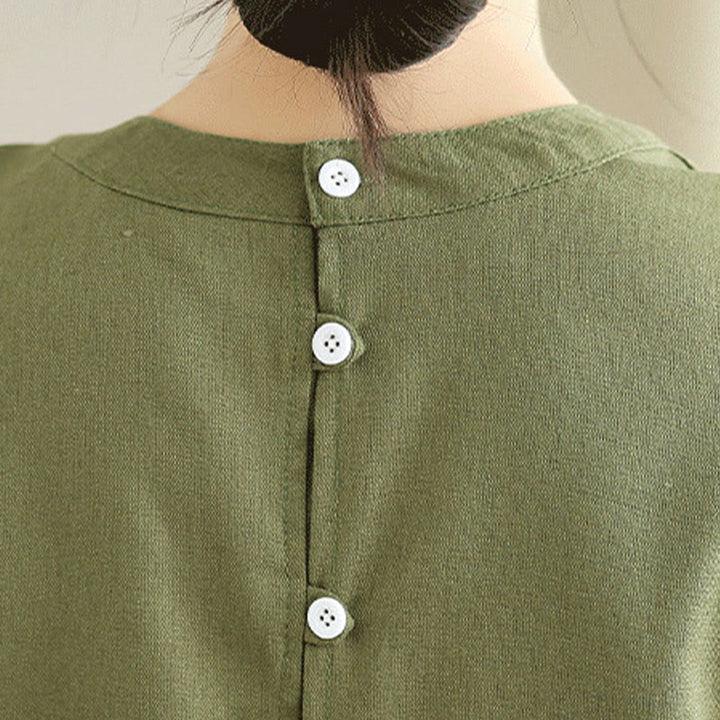 Vestido midi informal de lino y algodón sin mangas con diseño de Buddha Stones , color liso, con botones en la espalda y bolsillos - image 7