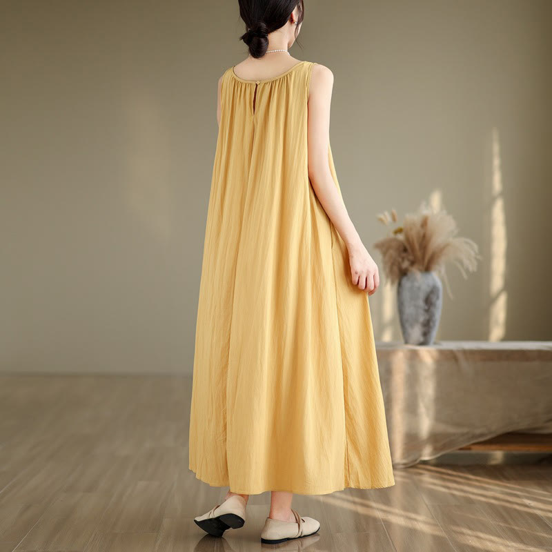 Vestido midi de algodón con cuello redondo, sin mangas, diseño plisado, informal, de verano, con estampado Buddha Stones y bolsillos - image 5