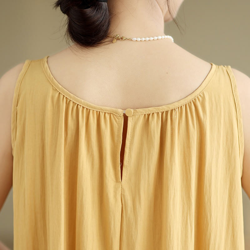 Vestido midi de algodón con cuello redondo, sin mangas, diseño plisado, informal, de verano, con estampado Buddha Stones y bolsillos - image 10