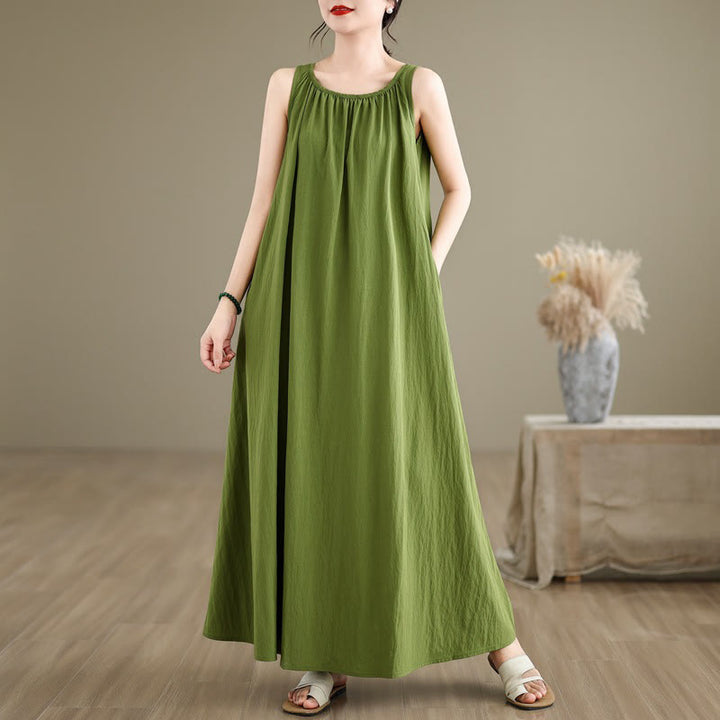 Vestido midi de algodón con cuello redondo, sin mangas, diseño plisado, informal, de verano, con estampado Buddha Stones y bolsillos - Verde lima - US8-10，UK/AU12-14，EU40-42 (2XL) - image 0