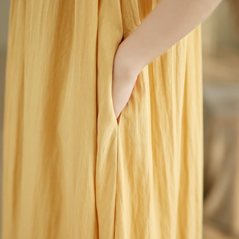 Vestido midi de algodón con cuello redondo, sin mangas, diseño plisado, informal, de verano, con estampado Buddha Stones y bolsillos - image 11