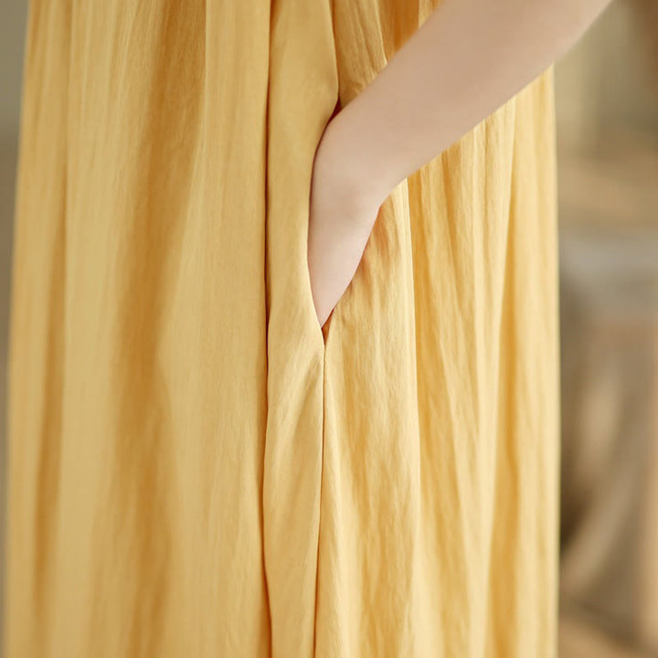 Vestido midi de algodón con cuello redondo, sin mangas, diseño plisado, informal, de verano, con estampado Buddha Stones y bolsillos - image 11