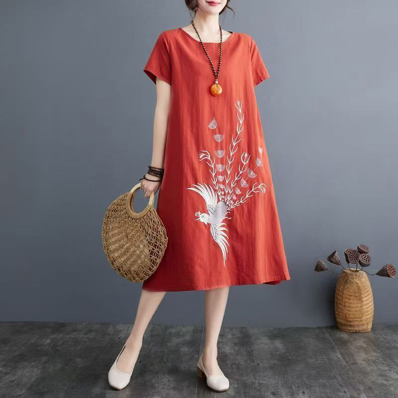 Vestido midi de lino y algodón de manga corta con estampado de fénix y Buddha Stones de verano - NaranjaRojo - US14, UK/AU18, EU46 (4XL) - image 0