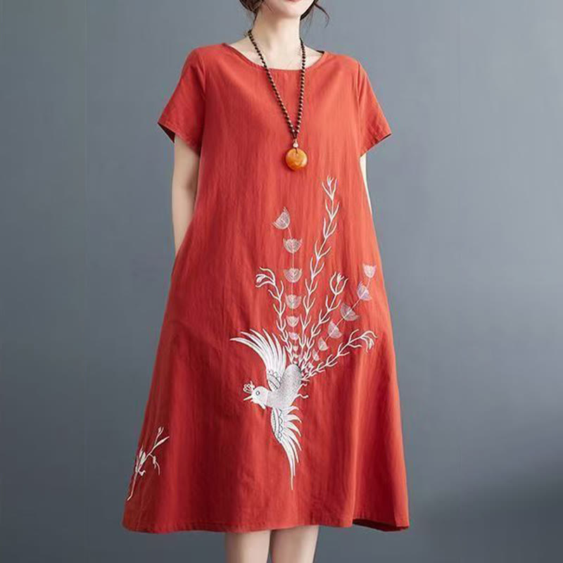 Vestido midi de manga corta con estampado de fénix y Buddha Stones para el verano - image 1