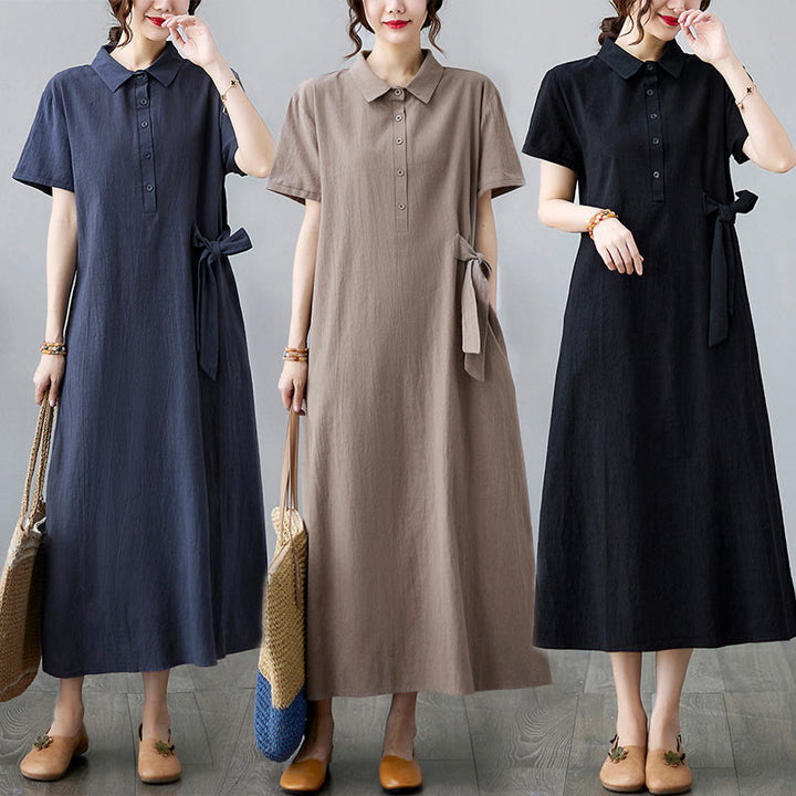 Vestido midi informal de lino y algodón con solapas laterales, manga corta y bolsillos, estilo Buddha Stones - image 25