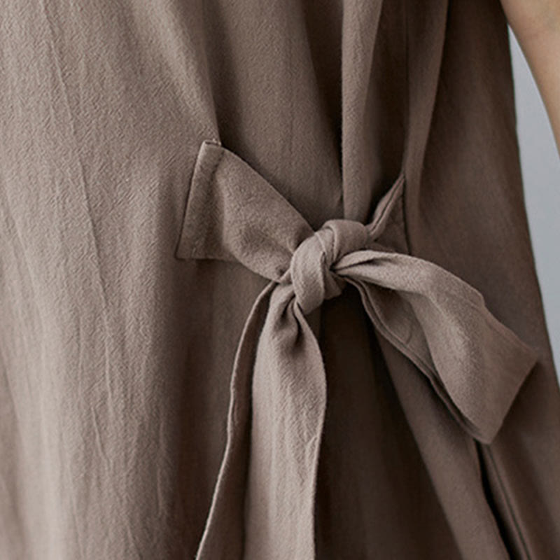 Vestido midi informal de lino y algodón con solapas laterales, manga corta y bolsillos, estilo Buddha Stones - image 9