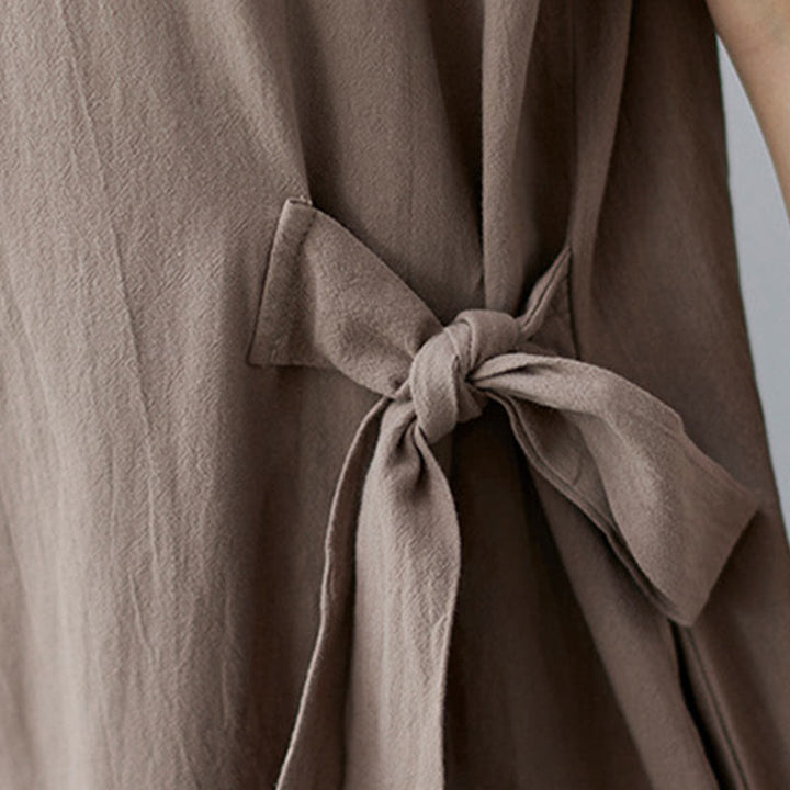 Vestido midi informal de lino y algodón con solapas laterales, manga corta y bolsillos, estilo Buddha Stones - image 9