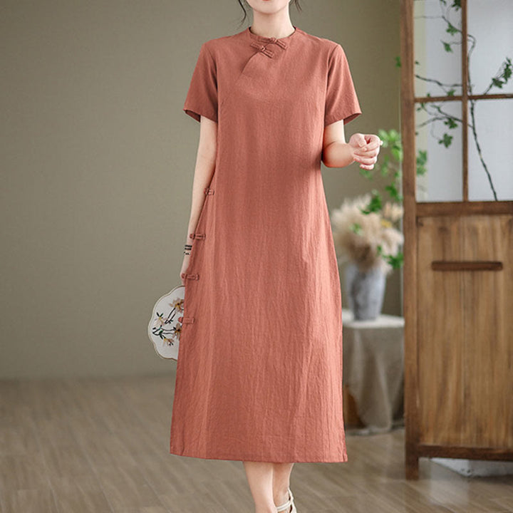 Vestido cheongsam qipao midi chino vintage de verano con Buddha Stones - Salmón oscuro - US8-10，UK/AU12-14，EU40-42 (2XL) - image 0