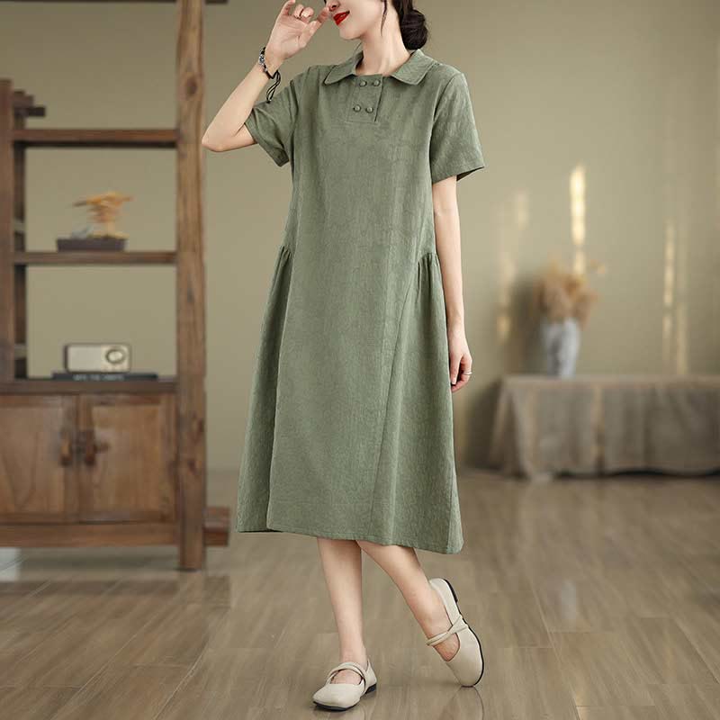 Vestido midi de algodón y lino con solapa de jacquard liso y manga corta con bolsillos y estampado Buddha Stones - Verde mar medio - US8-10，UK/AU12-14，EU40-42 (2XL) - image 5