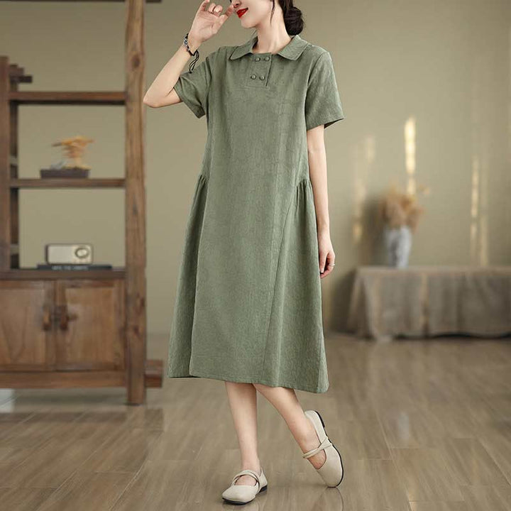 Vestido midi de algodón y lino con solapa de jacquard liso y manga corta con bolsillos y estampado Buddha Stones - Verde mar medio - US8-10，UK/AU12-14，EU40-42 (2XL) - image 5
