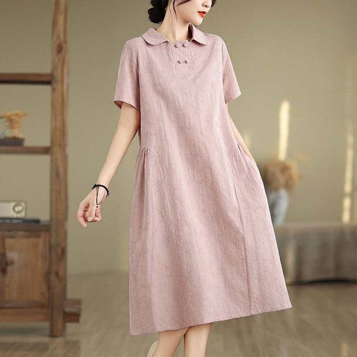 Vestido midi de algodón y lino con solapa de jacquard liso y manga corta con bolsillos y estampado Buddha Stones - Rosa - US8-10，UK/AU12-14，EU40-42 (2XL) - image 27