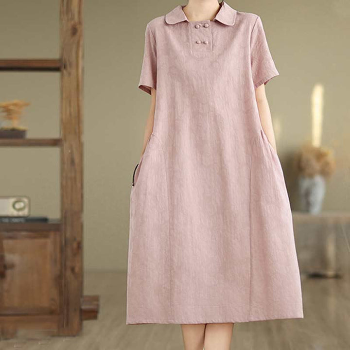 Vestido midi de algodón y lino con solapa de jacquard liso y manga corta con bolsillos y estampado Buddha Stones - image 29