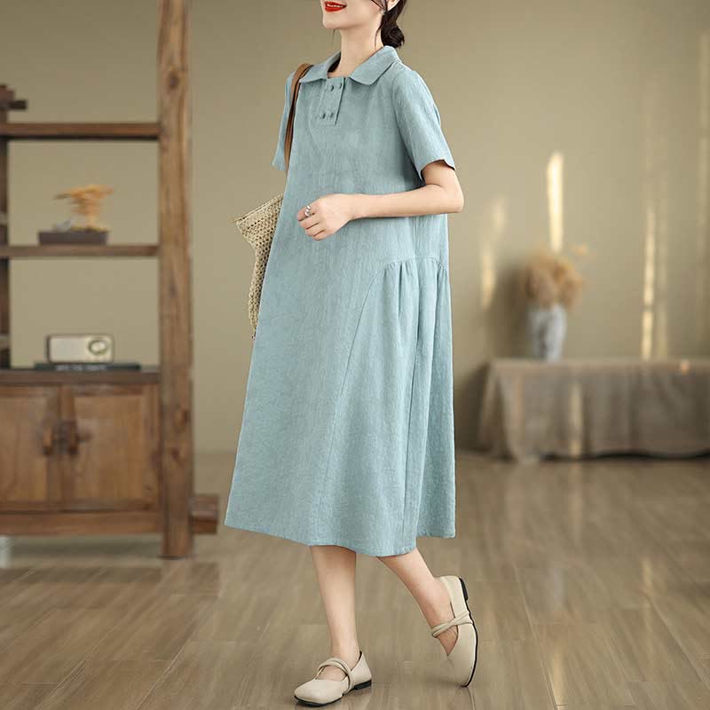 Vestido midi de algodón y lino con solapa de jacquard liso y manga corta con bolsillos y estampado Buddha Stones - Turquesa pálido - US8-10，UK/AU12-14，EU40-42 (2XL) - image 21