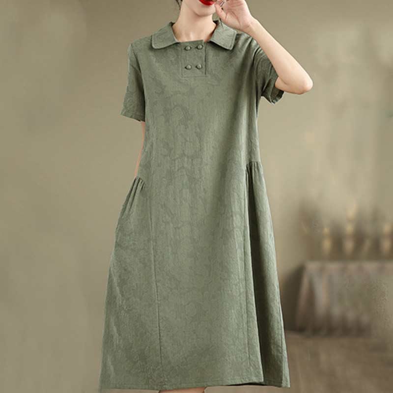 Vestido midi de algodón y lino con solapa de jacquard liso y manga corta con bolsillos y estampado Buddha Stones - image 10