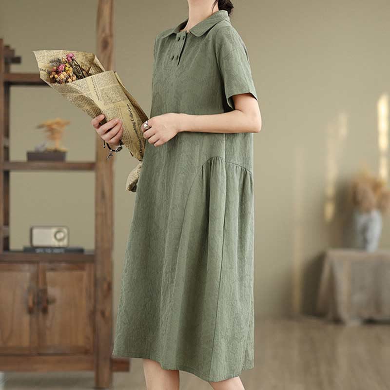 Vestido midi de algodón y lino con solapa de jacquard liso y manga corta con bolsillos y estampado Buddha Stones - image 6