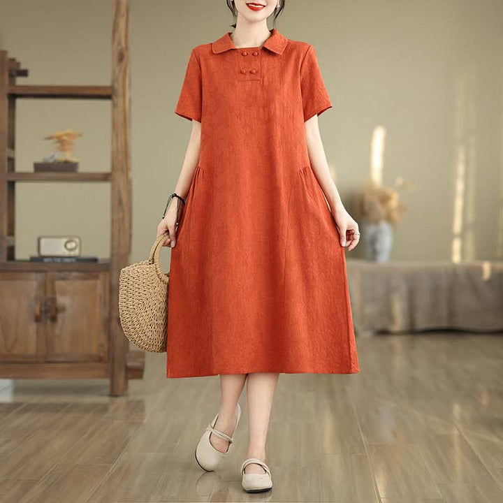 Vestido midi de algodón y lino con solapa de jacquard liso y manga corta con bolsillos y estampado Buddha Stones - Rojo anaranjado - US8-10，UK/AU12-14，EU40-42 (2XL) - image 11