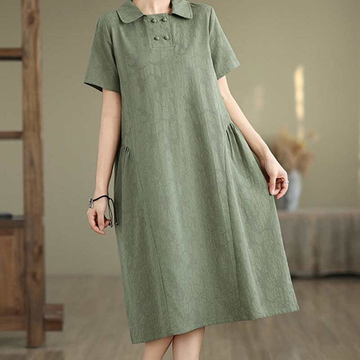 Vestido midi de algodón y lino con solapa de jacquard liso y manga corta con bolsillos y estampado Buddha Stones - image 9