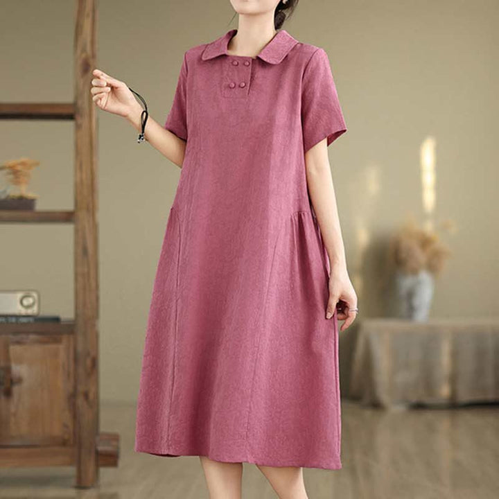 Vestido midi de algodón y lino con solapa de jacquard liso y manga corta con bolsillos y estampado Buddha Stones - image 3