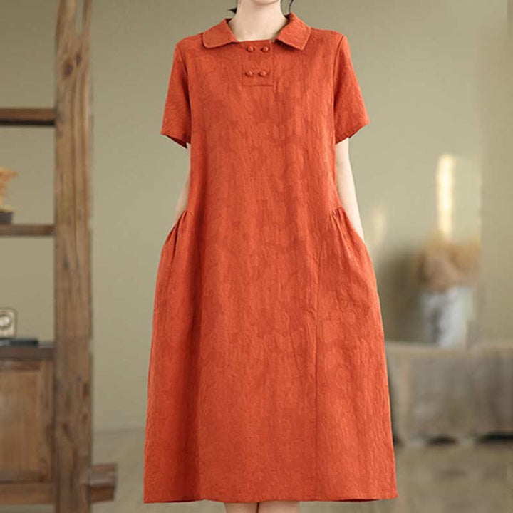 Vestido midi de algodón y lino con solapa de jacquard liso y manga corta con bolsillos y estampado Buddha Stones - image 13