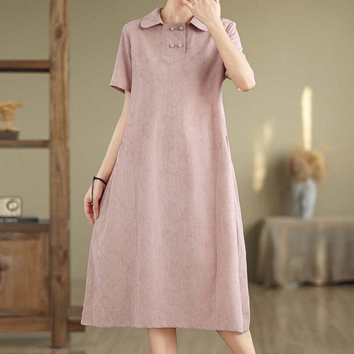 Vestido midi de algodón y lino con solapa de jacquard liso y manga corta con bolsillos y estampado Buddha Stones - image 31