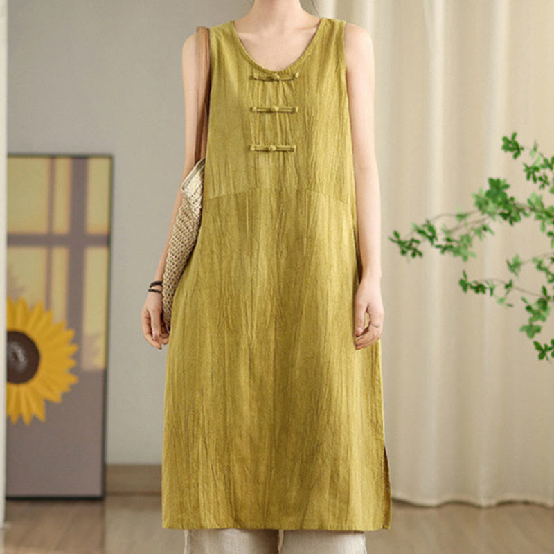 Vestido midi sin mangas de lino ramio con botones de rana y teñido anudado chino con Buddha Stones y bolsillos - Oro - US8-10，UK/AU12-14，EU40-42 (2XL) - image 5