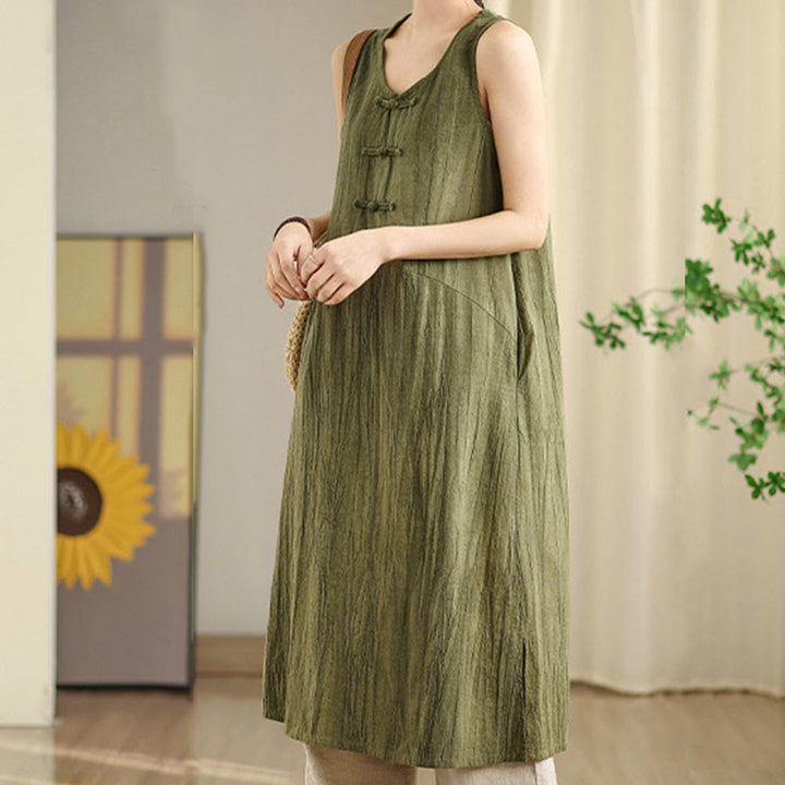Vestido midi sin mangas de lino ramio con botones de rana y teñido anudado chino con Buddha Stones y bolsillos - image 2