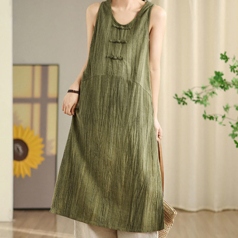 Vestido midi sin mangas de lino ramio con botones de rana y teñido anudado chino con Buddha Stones y bolsillos - Verde oliva - US8-10，UK/AU12-14，EU40-42 (2XL) - image 0