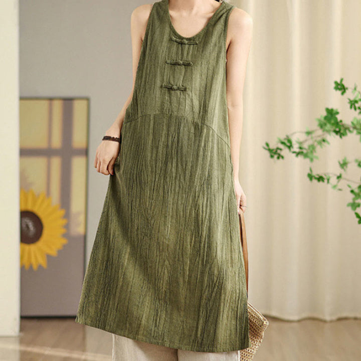 Vestido midi sin mangas de lino ramio con botones de rana y teñido anudado chino con Buddha Stones y bolsillos - Verde oliva - US8-10，UK/AU12-14，EU40-42 (2XL) - image 0