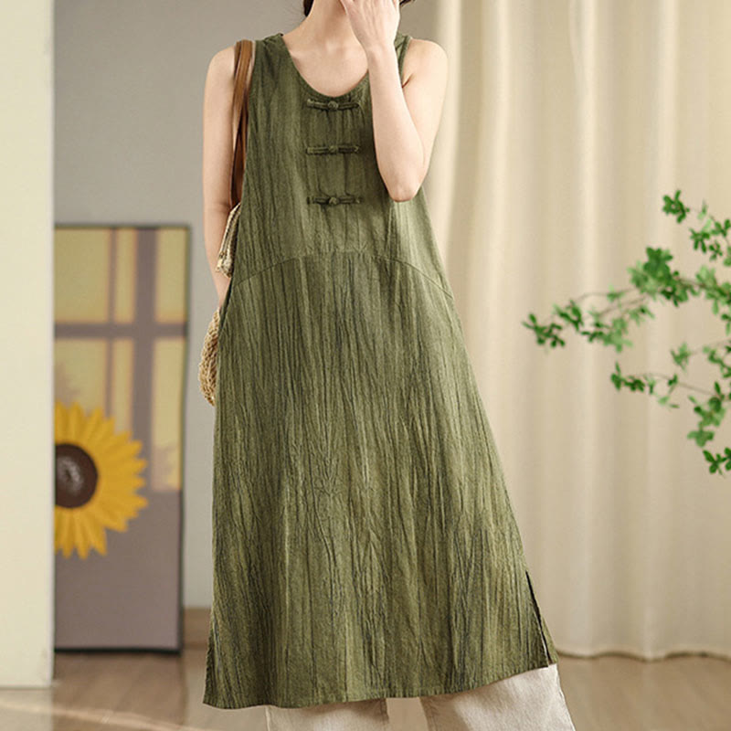 Vestido midi sin mangas de lino ramio con botones de rana y teñido anudado chino con Buddha Stones y bolsillos - image 3