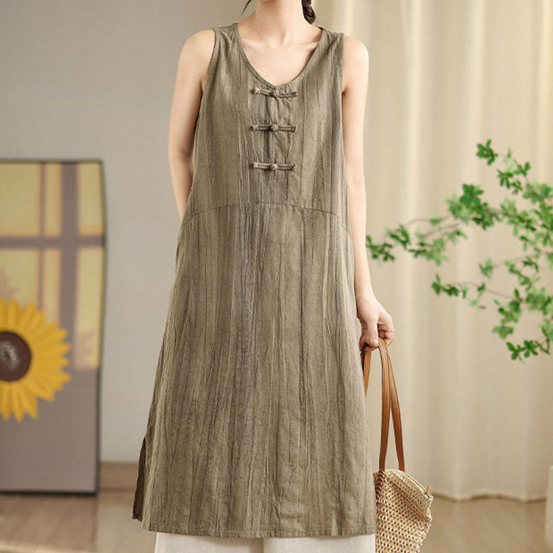 Vestido midi sin mangas de lino ramio con botones de rana y teñido anudado chino con Buddha Stones y bolsillos - image 11