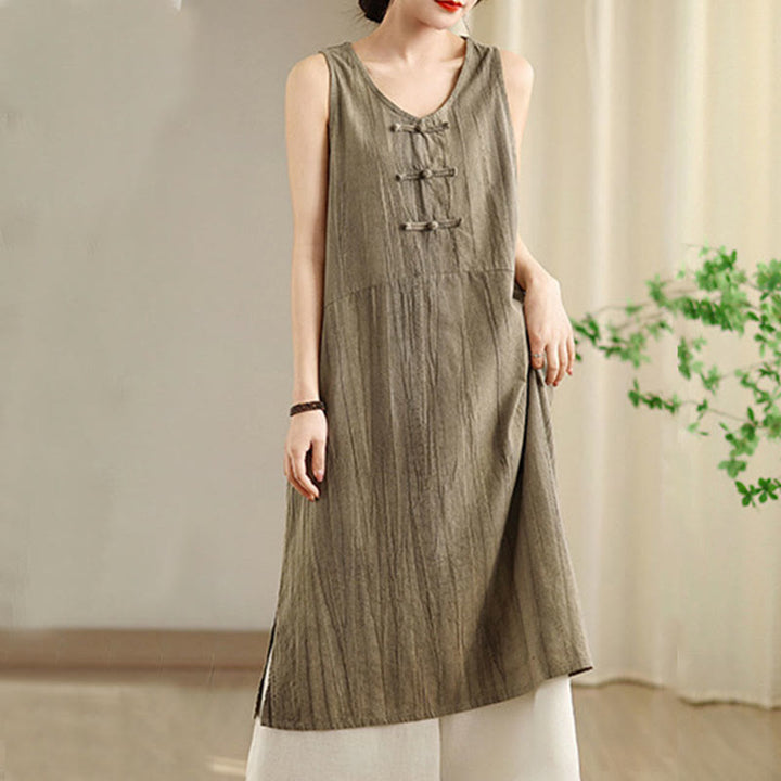 Vestido midi sin mangas de lino ramio con botones de rana y teñido anudado chino con Buddha Stones y bolsillos - image 13