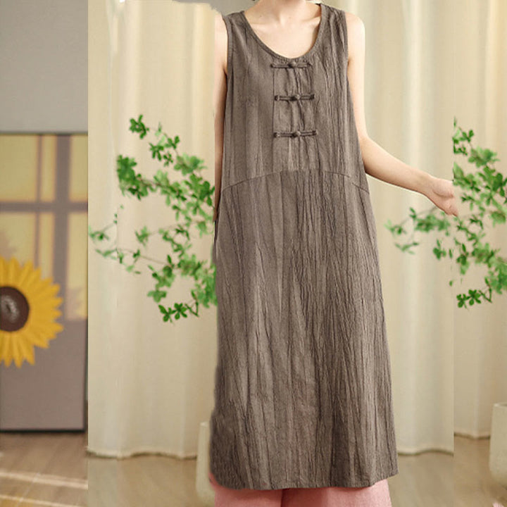 Vestido midi sin mangas de lino ramio con botones de rana y teñido anudado chino con Buddha Stones y bolsillos - image 21
