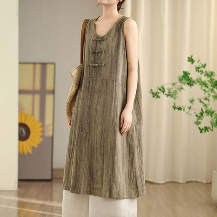 Vestido midi sin mangas de lino ramio con botones de rana y teñido anudado chino con Buddha Stones y bolsillos - Caqui oscuro - US8-10，UK/AU12-14，EU40-42 (2XL) - image 9